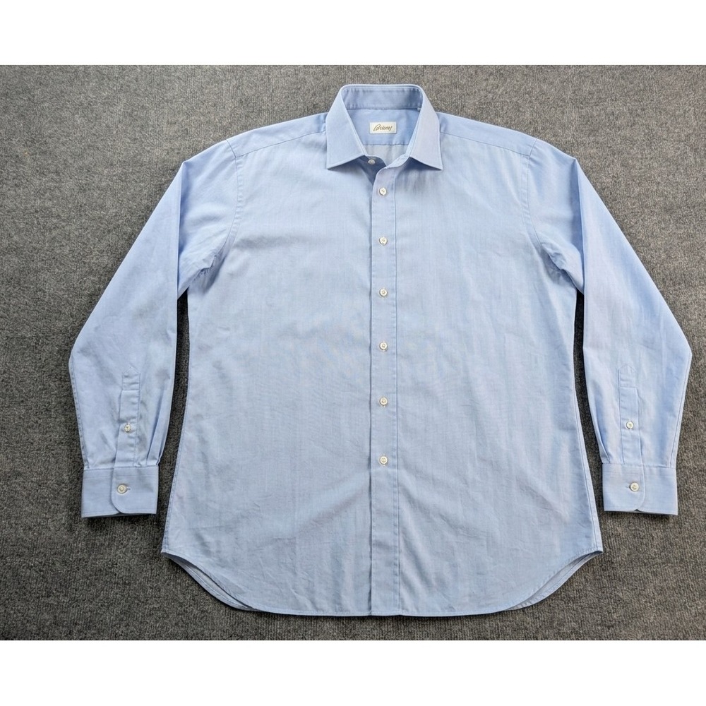 BRIONI Italy Dress Shirt Blue 100% Cotton Mens Size L 18 Neck Long Sleeve Luxury
